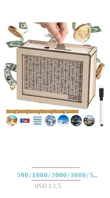 Description Picture 4 of itemWooden Cash Savings Box 1000/2000/3000 Euro/Usd Money Saving Case Reusable Money Save Box with Goal and Numbers tirelire