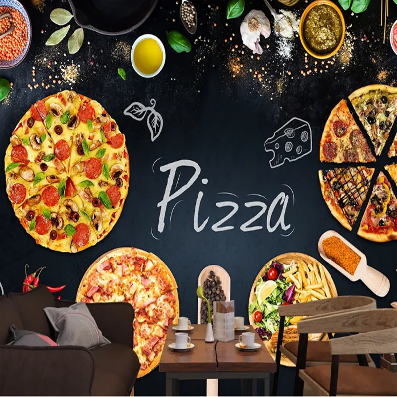 

Custom Text Logo Pizza Wall Paper 3D Burgers Western Fast Food Restaurant Black Background Snack Bar Wall Mural Wallpaper 3D