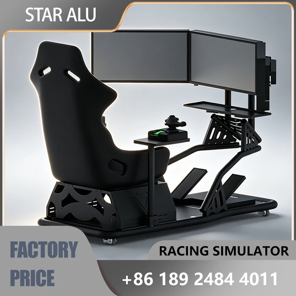 Simulateur RC professionnel pour drone et avion argent posé sur une table avec manette