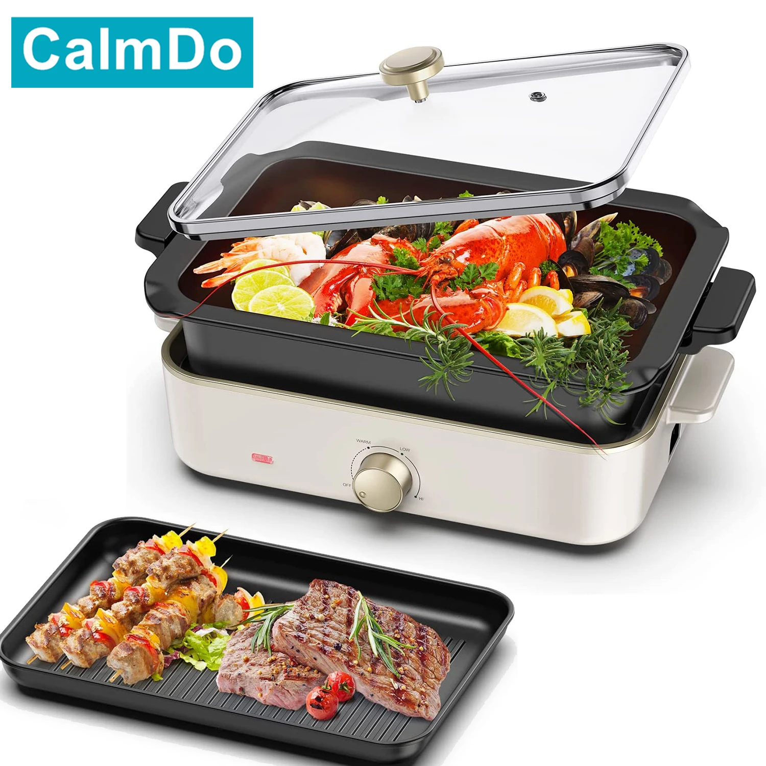 CalmDo 1400W Electric Pot-Grill and Deep Frying Pan Multifunction Pot with  Grill Plate Non-Stick Coating Combo Home Cooking Pot