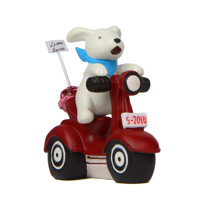 

Cute Puppy Figurines Resin Dog Riding Red Motorcycle Miniature Fairy Garden Home Decoration Mini Figure Models for Children Toys
