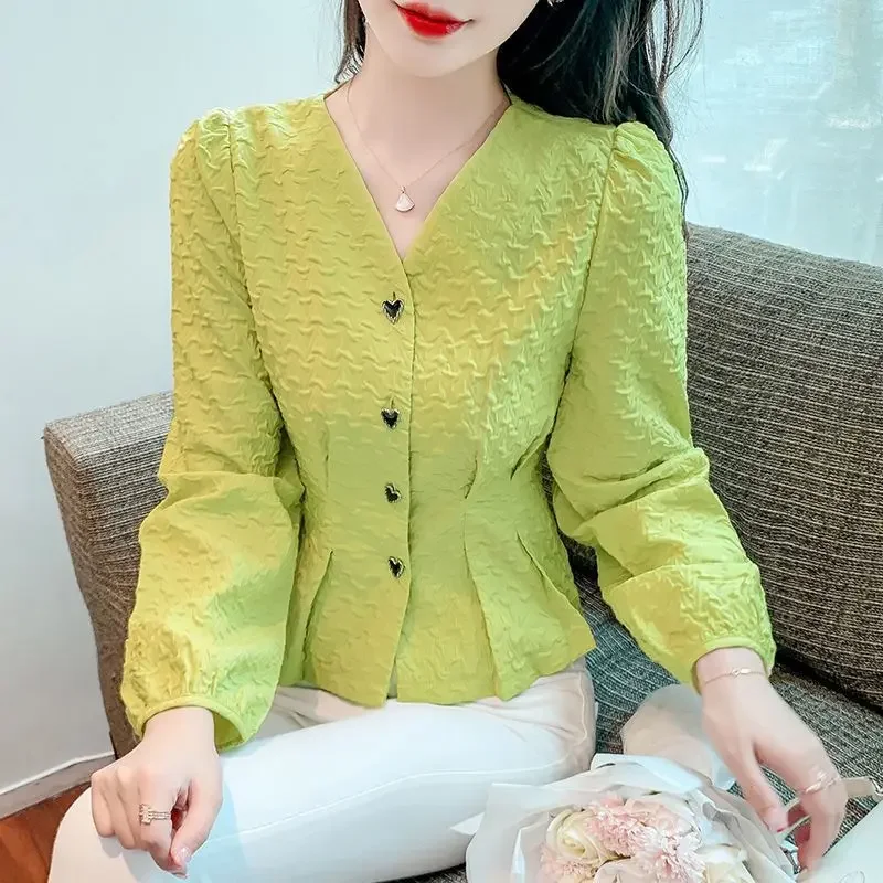

French Elegant Chic V-neck Ruffled Button Shirt for Women Spring Autumn Fashion Slim Long Sleeve Green Blouses Tops U275