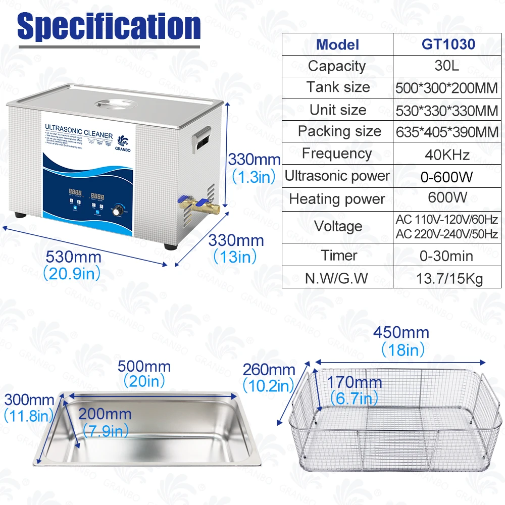 thumbnail image 1 of Limpiador ultrasónico Granbo de 30 l y 900 W, potencia ajustable, baño de ultrasonidos de acero inoxidable, piezas electrónicas, PCB, motor, engranaje, solución de laboratorio, 1 of 5