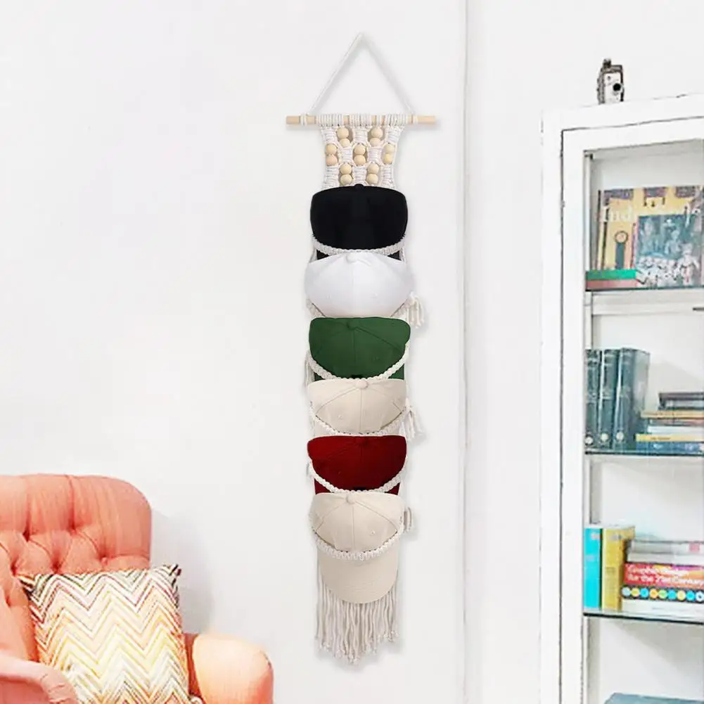 

Hand-woven Cotton Rope Hat Holder Wall Hanging Baseball Hat Organizer Bohemian Handmade Wooden Stick Hat Organizers for Room