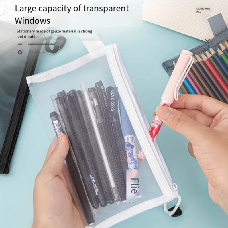 Korean Creative Simple Transparent Mesh Pen Bag,Zipper Closure,Portable,Examination Essential,Student Stationery Bag