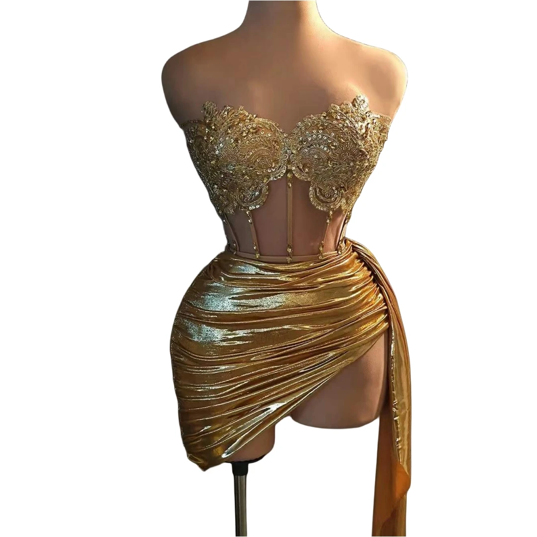 Gold Sparkly Hot Drilling Process Rhinestone Women Dress Backless Stage Wear Dance Event Drag Queen Costume