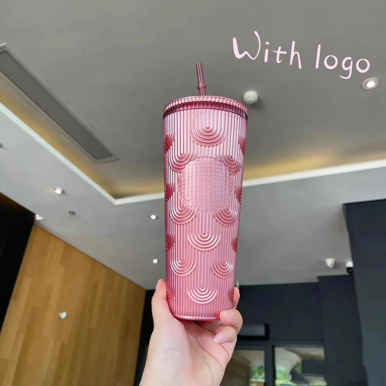 

2024 new internet celebrity mermaid cup 710ml reusable plastic straw cup with logo double-layer coffee cup diamond durian cup