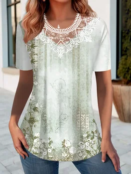 Plus Size Women's Floral Print Lace Patchwork Collar Short-sleeved T-shirt 2