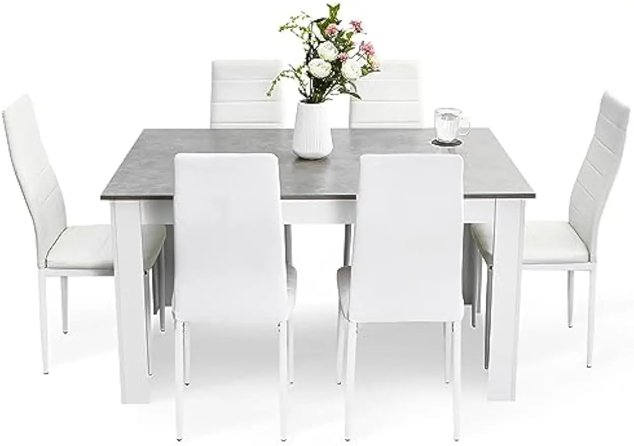 7-Piece Dining Table Set – Rectangular Kitchen Table with 6 High-Back Faux Leather Chairs 1