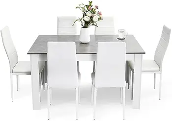 7-Piece Dining Table Set – Rectangular Kitchen Table with 6 High-Back Faux Leather Chairs 1