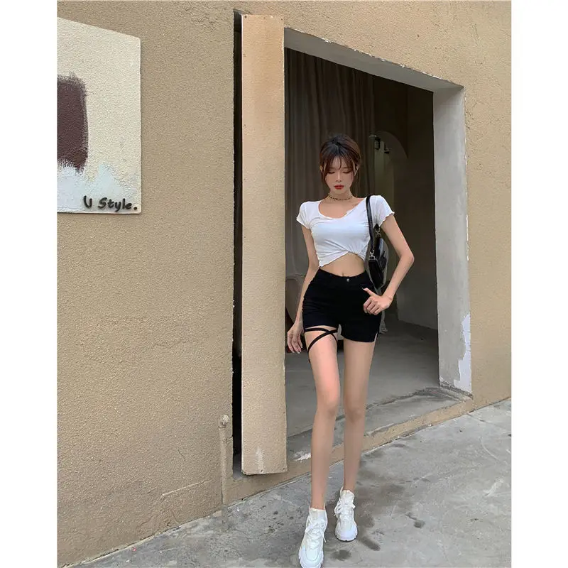 Summer New Irregular Black High Waist Straight Shorts Solid Color Thin Lacing Versatile Tight Pants Sexy Fashion Women Clothing