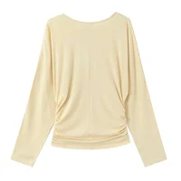 2026 new women's clothing style simple long sleeved round neck long sleeved slim fit side pleated T-shirt - Image 5