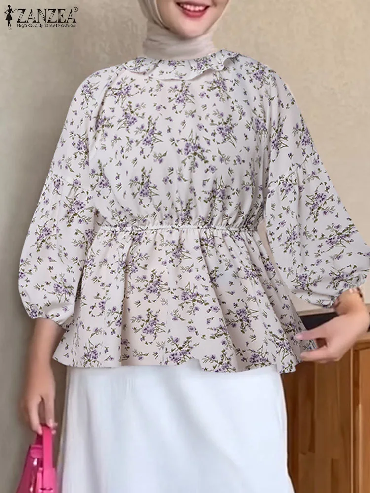 

2024 ZANZEA Elegant Muslim Blouse Bohemain Holdiay Shirt Women 3/4 Sleeve Floral Printed Tops Elegant Loose Abaya IsIamic Cloth