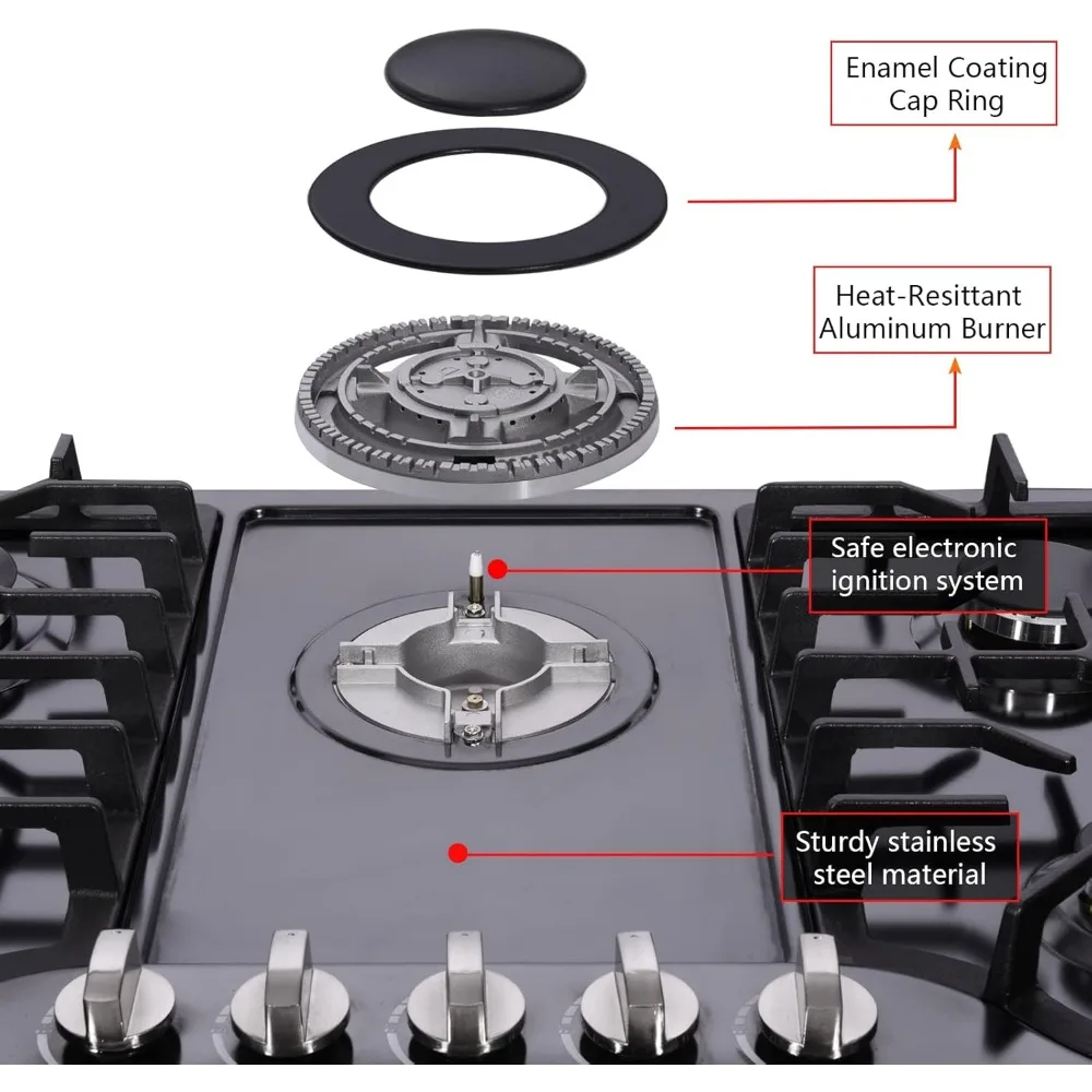 30 Inch Gas Cooktop, Built-in Stainless Steel Gas Stovetop 5 High Efficiency Burners Gas Stove  Convertible Gas Hob (Black) 4