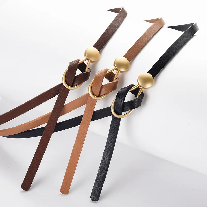 Women Knotted Thin Belts Solid Color PU Leather Metal Buckle Thin Long Waist Belts Lady Girls Dress Coat Decor Waistband - 5