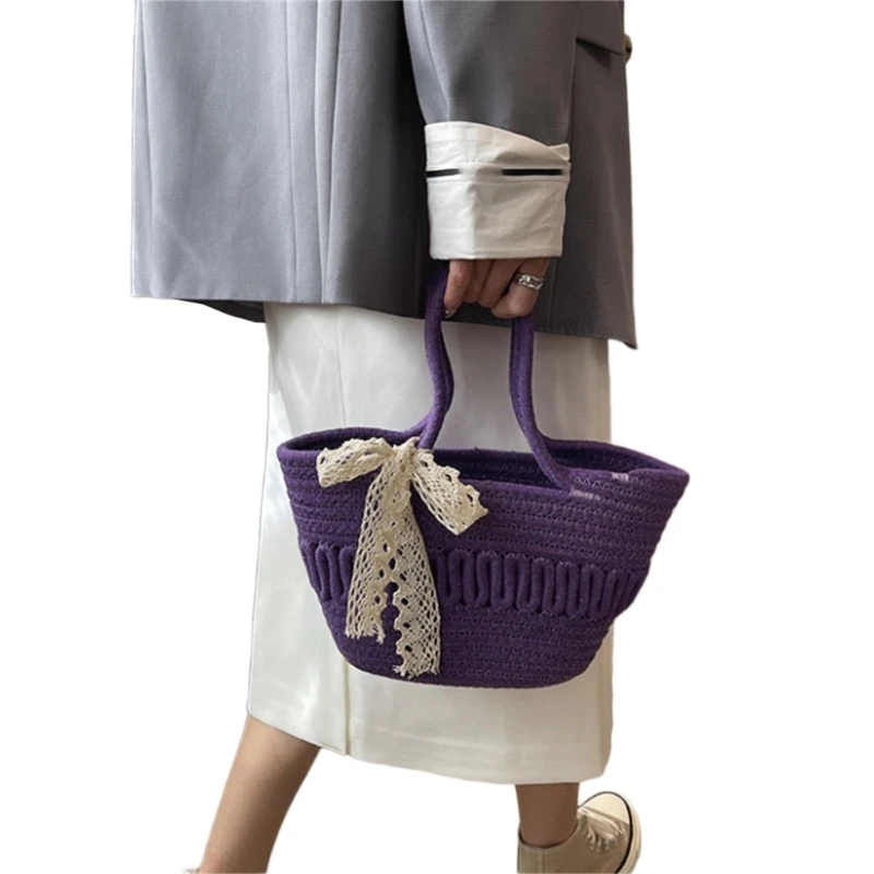 Women Straw Handbag Handmade Beach Bag Large Capacity Shoulder Bag for Daily Use E74B