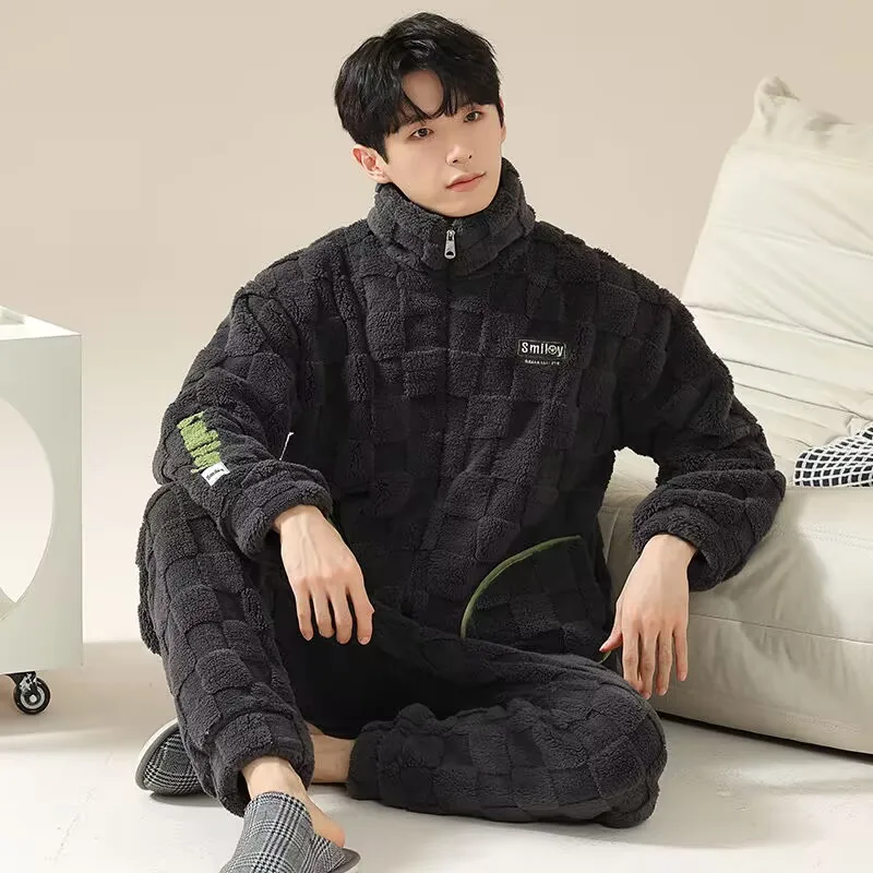 Stand Collar Coral Velvet Men Pajamas Simple Casual Sleepwear Autumn Winter Handsome Teenagers Loungewear Zipper Hooded Homewear