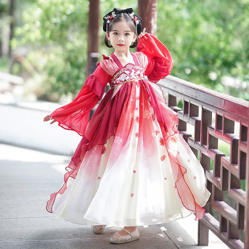 

Girls Hanfu Mid Autumn Festival Dress 2024 New Chinese Style Fairy Flowing Ancient Dress Children's Spring Autumn Dress