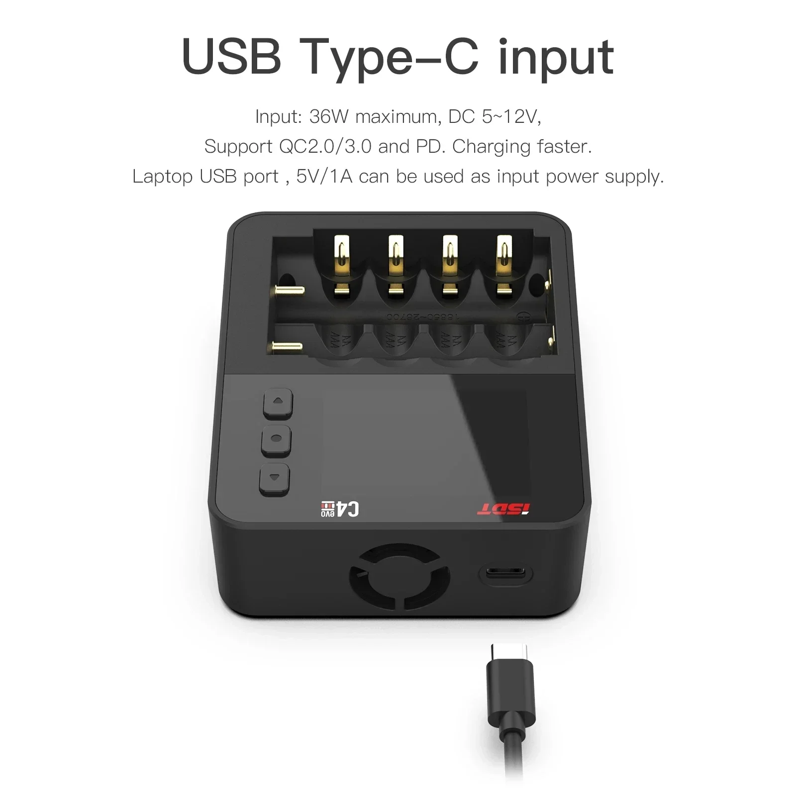 Интеллектуальное зарядное устройство ISDT C4 EVO с выходом Type-C QC3.0 для литий-ионной батареи AA AAA с экраном IPS и противопожарной защитой thumbnail 3