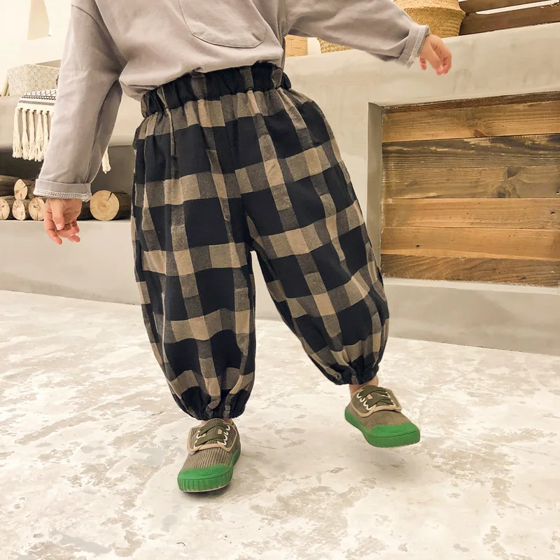 Kids Boys Plaid Pants Children Cotton Linen Trousers 2022 Spring