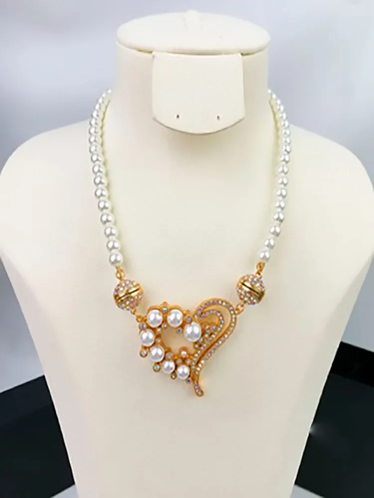 

European and American Retro Fashion Pearl Heart-Shaped Pendant Inlay Women's Necklace Jewelry