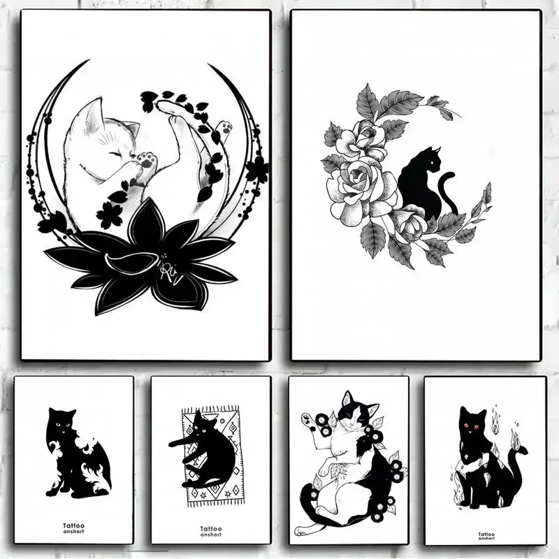 

Babaite Black And White Cat Posters Kraft Paper Vintage Poster Wall Art Painting Study Aesthetic Art Small Size Wall Stickers