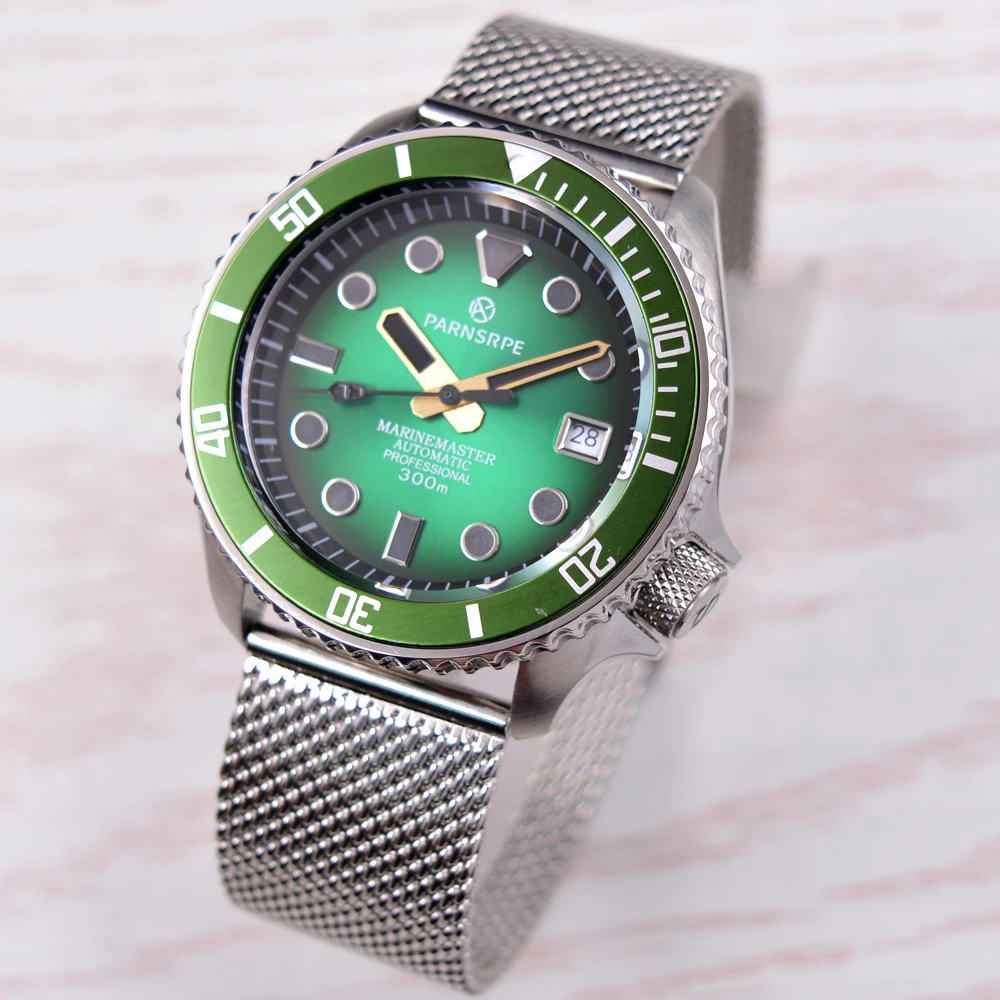 

42MM PARNSRPE Sapphire glass NH35A Automatic Mens Watch Green Dial steel bracelet