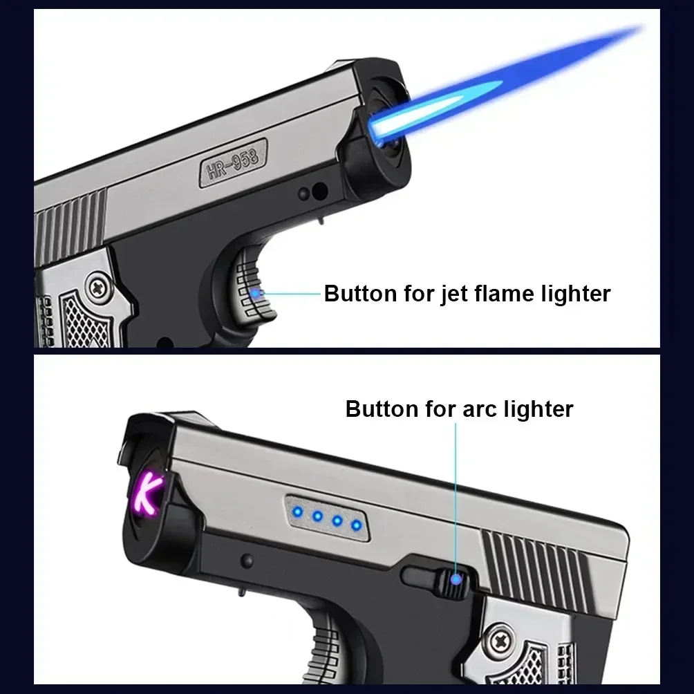 Windproof Folding Gas Electric Dual USB Lighter Metal Turbine Jet Blue Flame Torch Dual Arc Charging Lighter Men's Gift 2