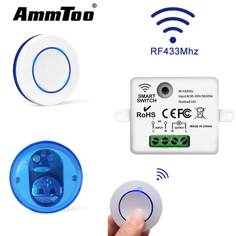 RF 433Mhz Light Switch smart switch wireless remote controller Round 10A Wireless Panel Mini Switch Remote Control Relay Receiver Module Transmitter For Bedroom