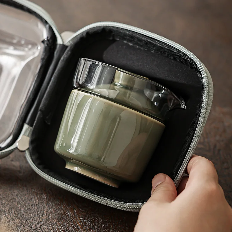 Celadon Porcelain Tea Cup Portable Travel Set with Pot 1 Person Camping Gear Outdoor Brewing Kit for Hiking Picnic Office Use