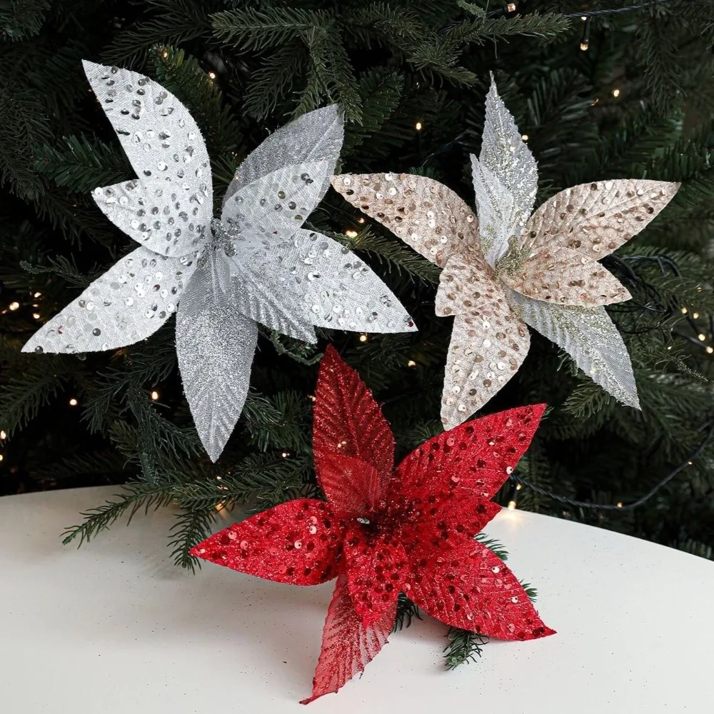 25cm Christmas Artificial Flowers Sequin Mesh Handmade Simulation Glitter Flower Hanging Decorative Xmas Tree Ornaments