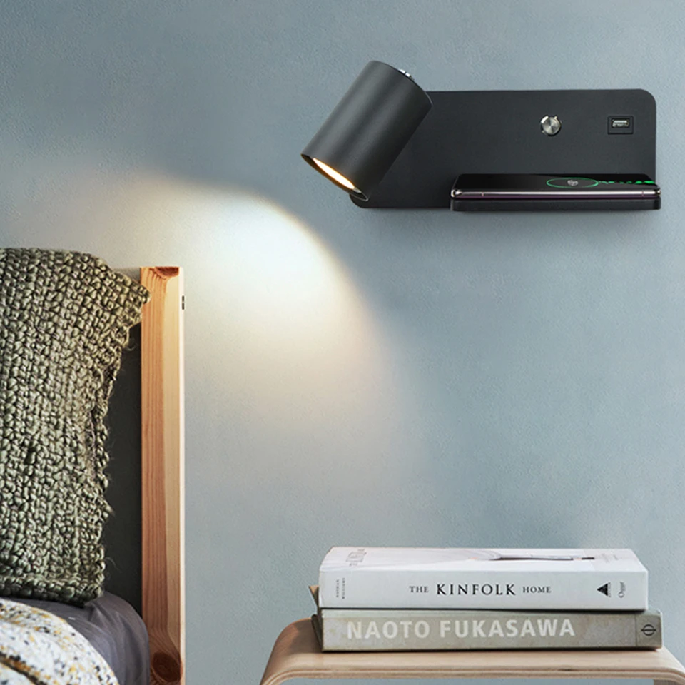 Modern Wireless charging Indoor Wall lamp GU10 5W Blub USB Lighting switch reading wall light for Living room Bedside sconce luminai led wall lamp wall sconces light wall lamp