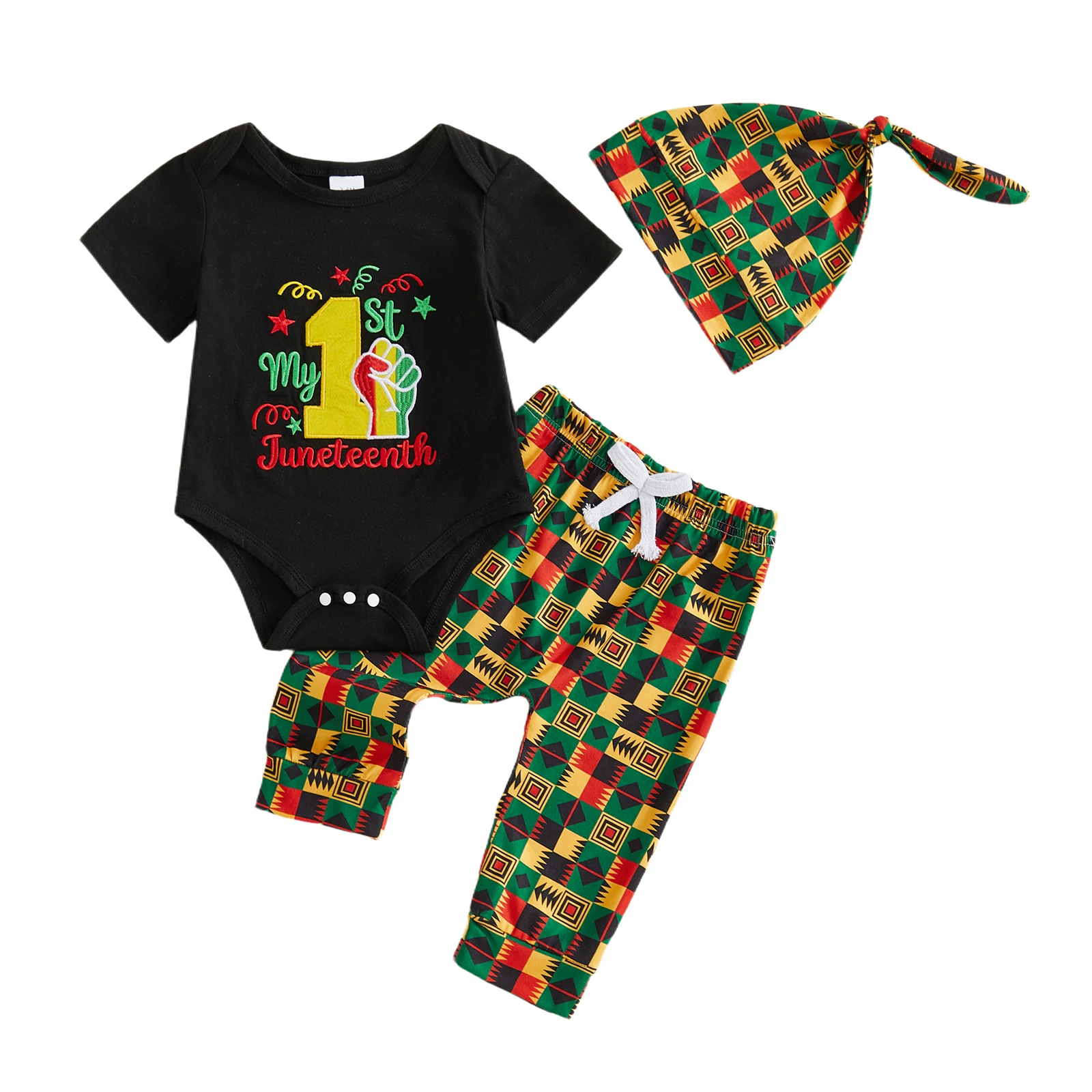 소년 Juneteenth 3Pcs 복장 크루 넥 짧은 소매 문자 손 자수 Romper 탄성 허리 바지 모자 세트 의류