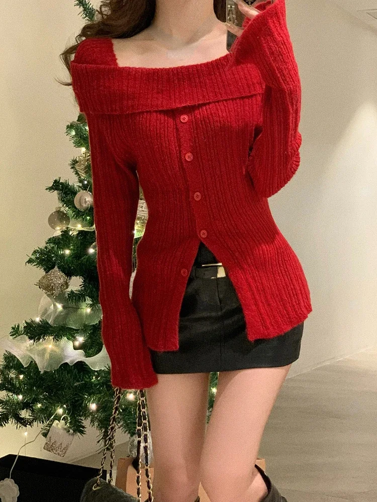 

2024 Winter Red Casual Knitted Sweater Woman Slim Korean Style Elegant Tops Office Lady Long Sleeve Fashion Pullover Design