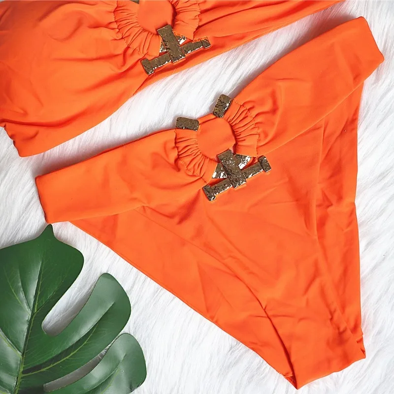 Women Bikini Metal Ring High Waist Two Piece Set Push Up Sexy Summer Swimwear Strapless Bathing Suit