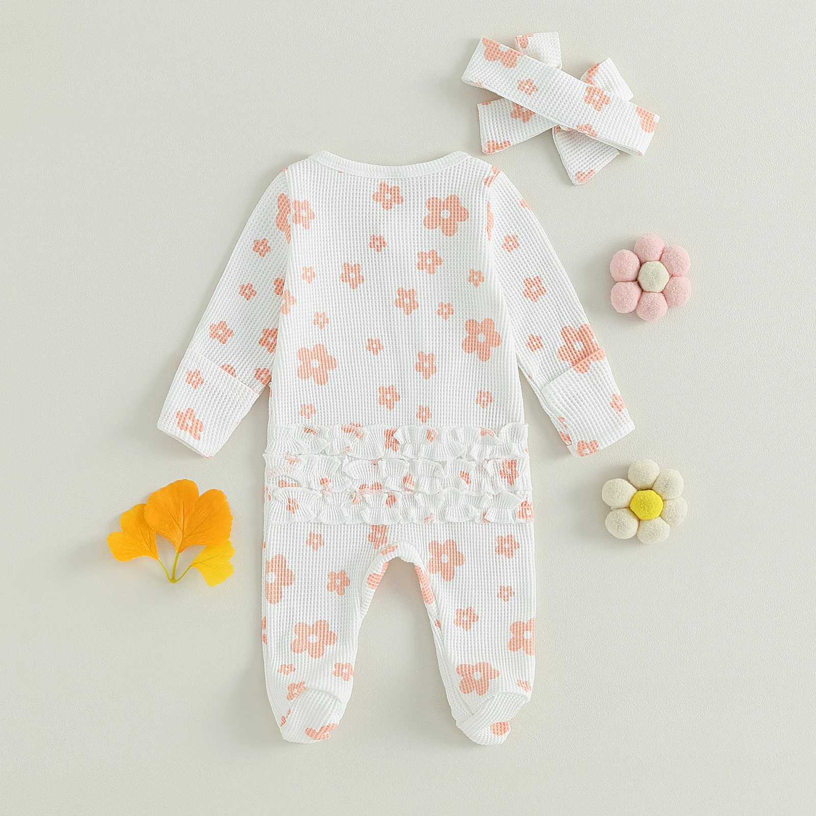 Pudcoco Infant Baby Girl Footed Jumpsuit Cartoon Floral Print Long Sleeve Front Zipper Closure Romper + Bow Headband 0-6M