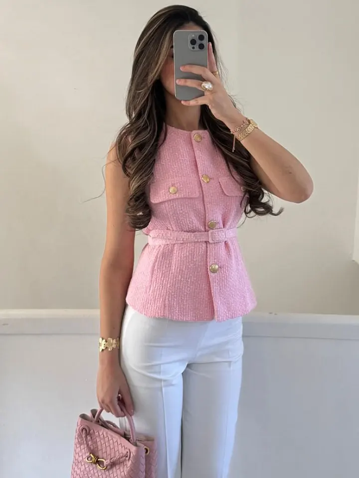 HH Women Fashion Golden Buttons O-Neck Sleeveless Waistcoat