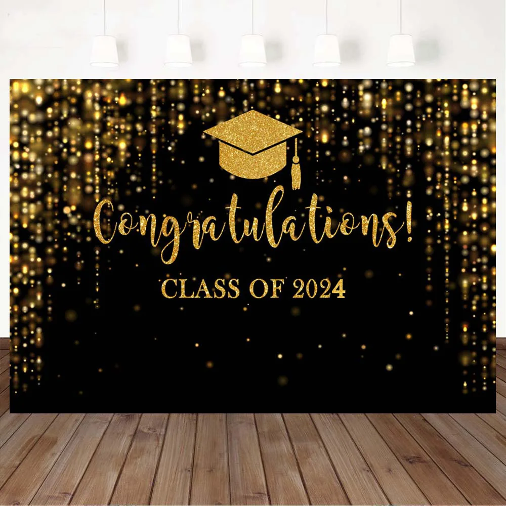 

2024 Graduation Party Background Decoration Black Gold Sparkling Bachelor's Hat Congratulations Graduation Party Photo Backdrop