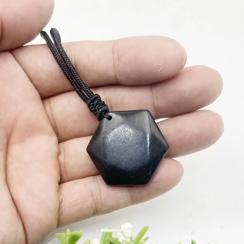 Russian Natural Shuhgite Hexagon Pendant Handmade Cubic Pendant Lucky Stone for Reiki Energy Healing