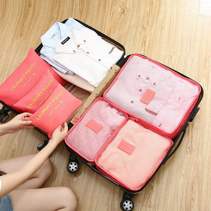 Grande capacidade impermeável Travel Storage Bag com zíper, roupas, roupas íntimas, bagagem, rosa, azul, cinza, 6 pcs, conjunto