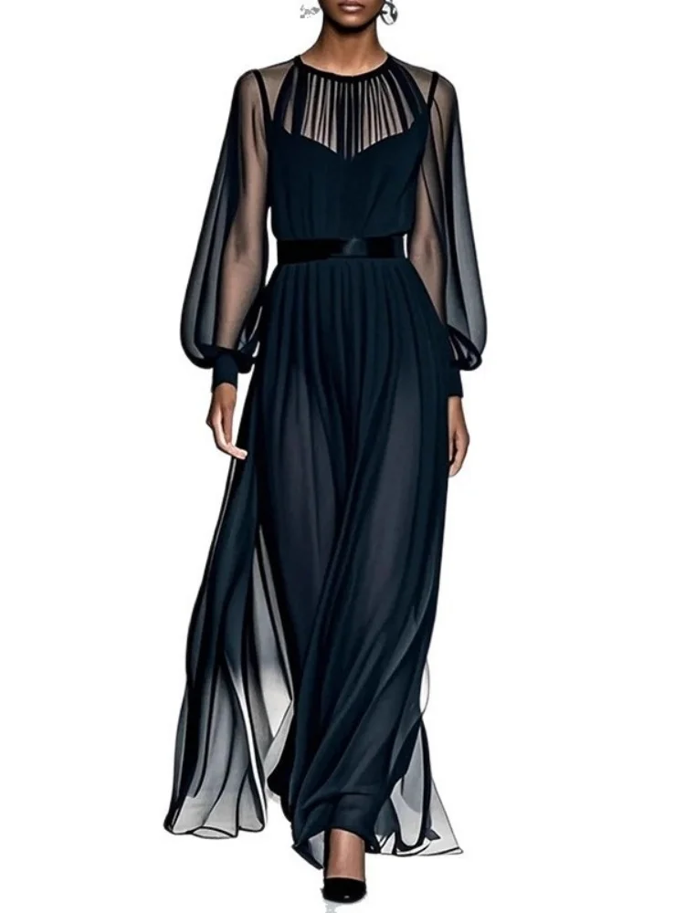 Wmstar Dresses Women Wholesale Cross Border Autumn Winter Woman 2025 New Long French High End Style,black Cinched Waist