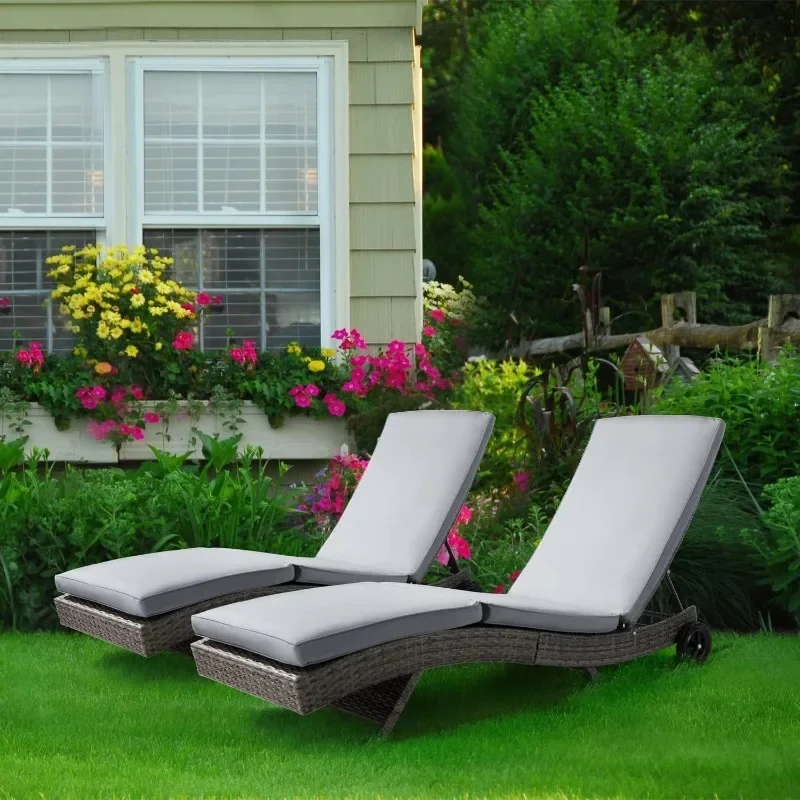 Lounge Chair Set of 2 Outdoor Rattan Sunbathing for Outside Reclining Chair with Cushion Blue S Type Adjustable Backrest Wheels