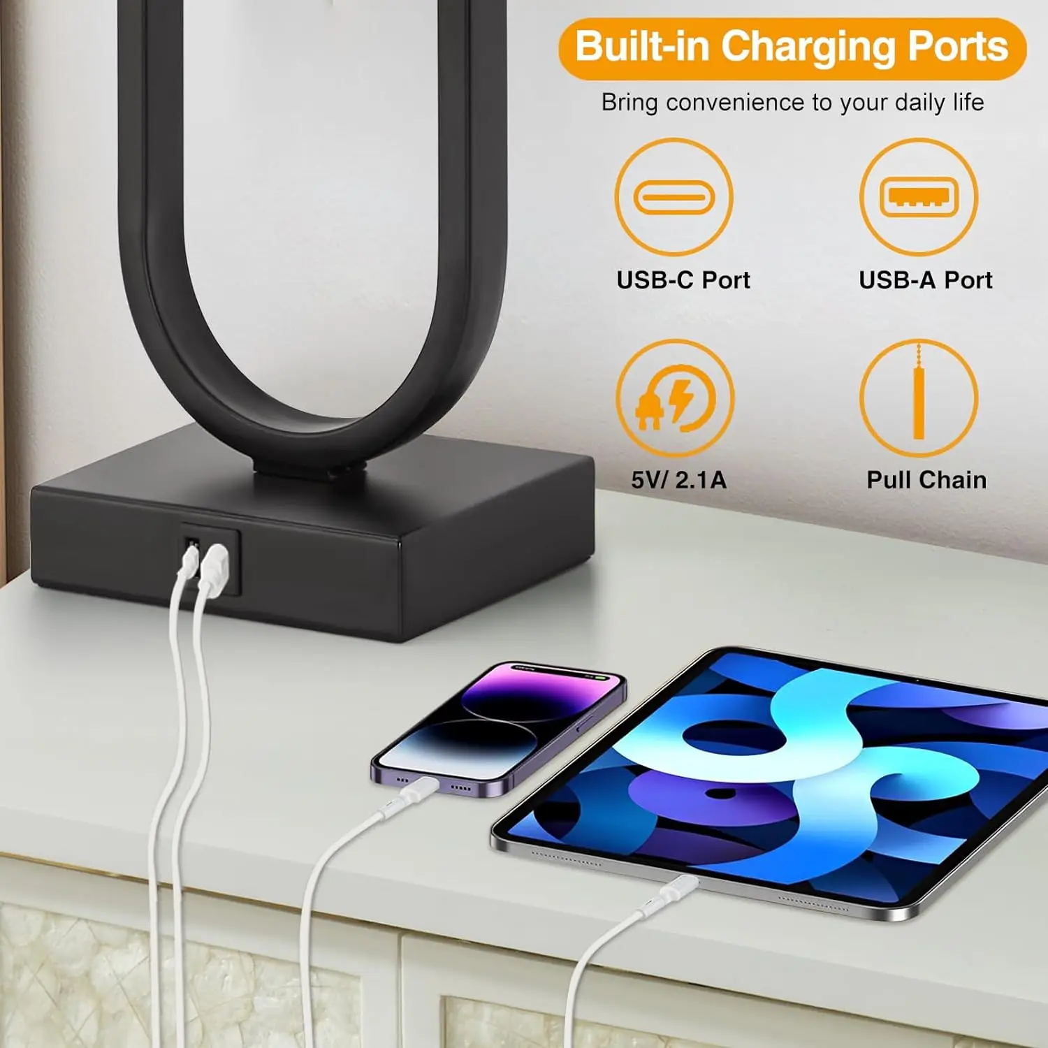 Nightstand Lamps Set of 2 USB C + A Ports 24'' Tall Table Lamp Two 3000K LED Bulbs Linen Lampshade
