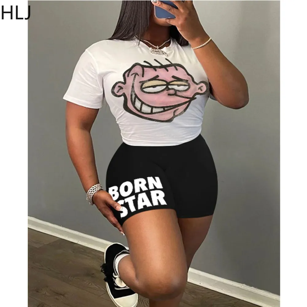 

HLJ White Casual Pattern Print Biker Shorts Two Piece Sets Women Round Neck Slim Tshirts And Shorts Outfits Female 2pcs Clothing