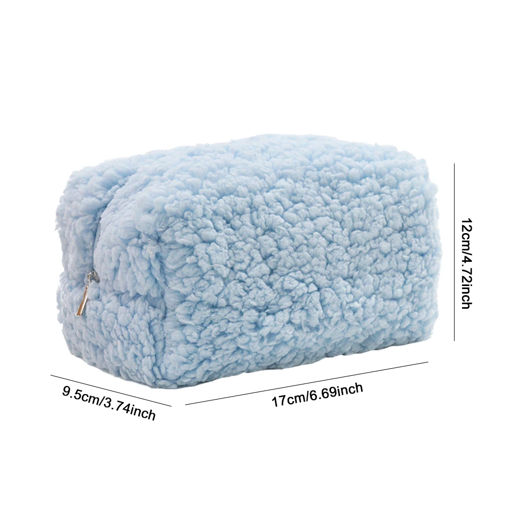 Lambswool Plush Soft Storage Pouch with Zipper Portable Cosmetic Bag Solid Color for Women Girls for Toiletries Accessories