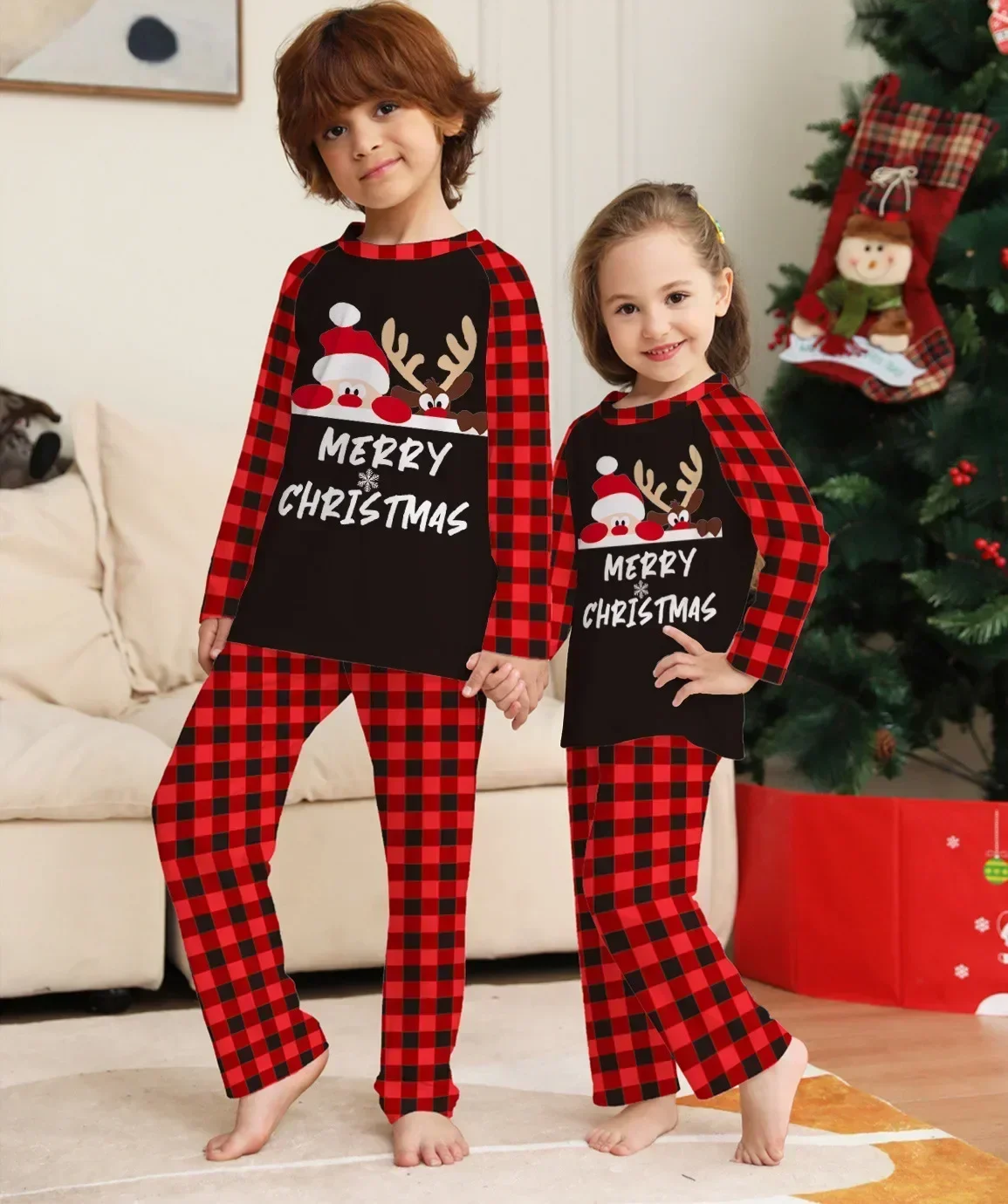 Merry Christmas Plaid Print Kids Pajamas Set Baby Romper Pjs Toddler Boys Girls Matching Pajama Sets