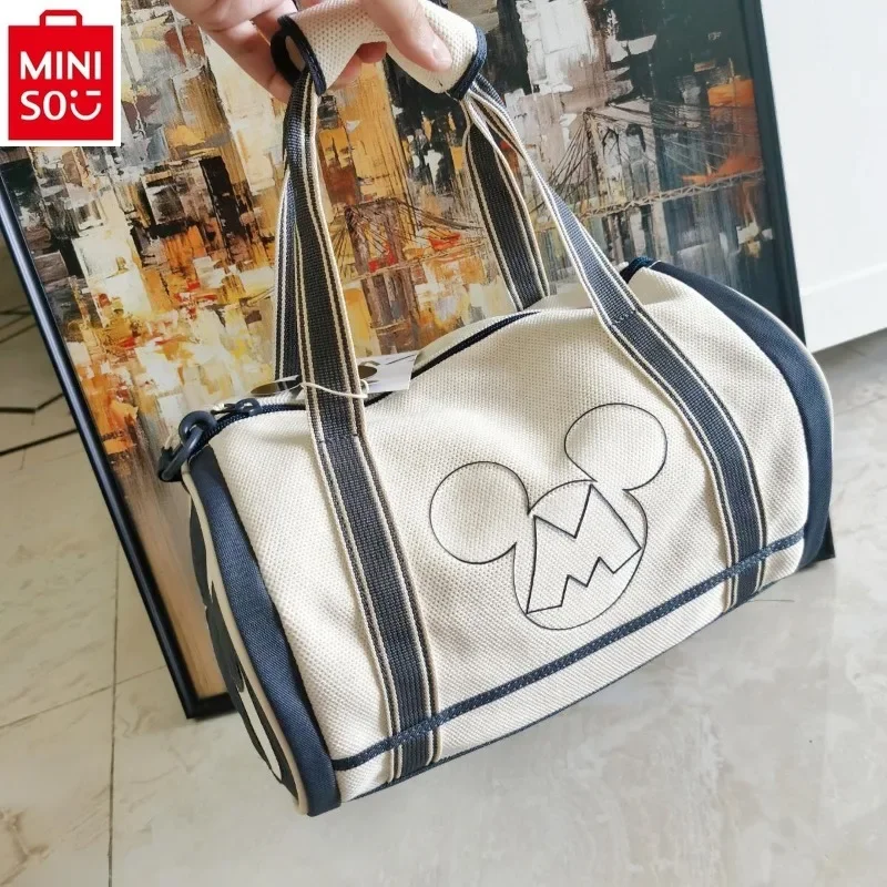 MINISO Disney Mickey High Quality Canvas Lightweight Cylinder Crossbody Bag Fashion Women's Large Capacity Storage Handbag