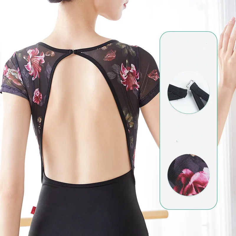 Women Ballet Leotards Backless Short Sleeve Floral Printing Patchwork Leotard Adult Girls Skate Pole Dancing Bodysuit Swimwear ballet leotard dance leotard