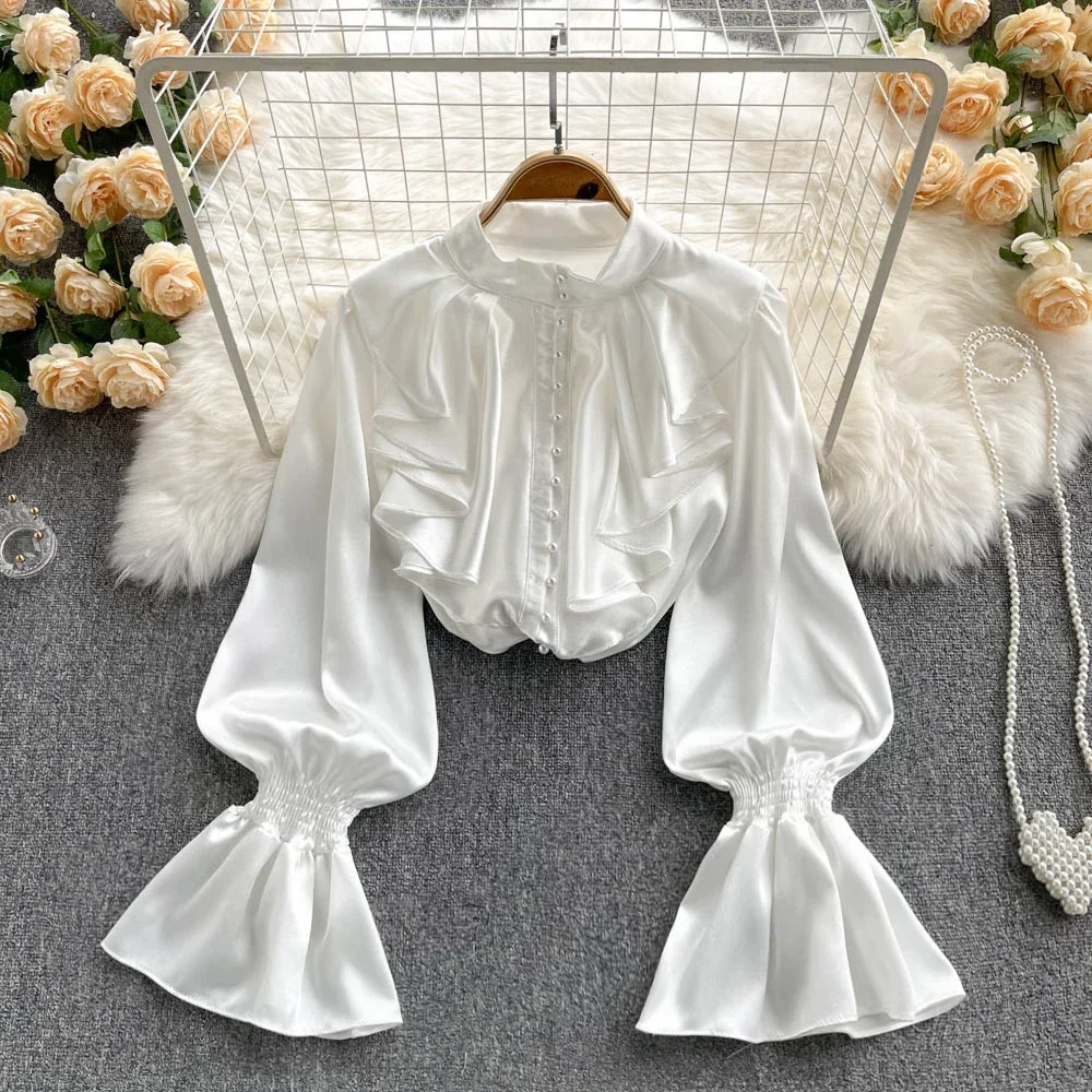 

High Quality Satin Loose Shirt Long Flared Sleeves Ruffles O Neck Beading Women Gentle Office Lady Casual Blouse