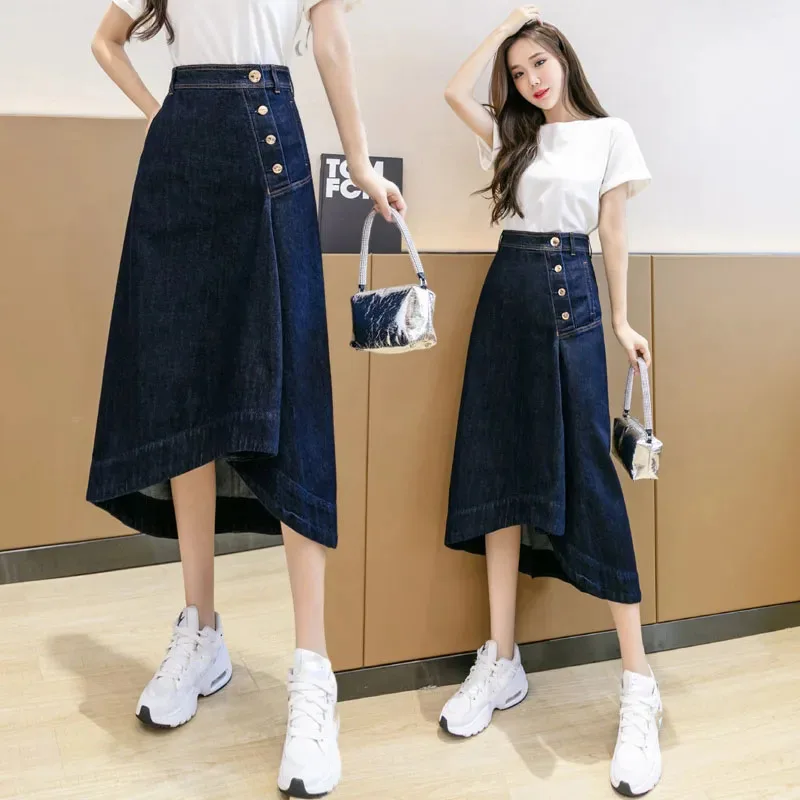 

Denim Jeans Skirt Women Blue New Korean Style Chic Irregular A Line Ladies Streetwear Fashion High Wiast Skirts Falda